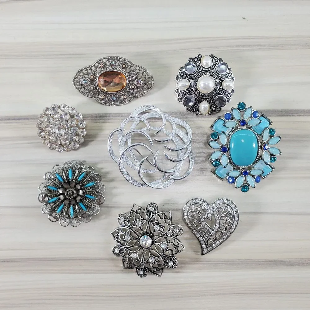 8 Brooch Lot Silver Tone Sarah Coventry Faux Pearl Rhinestone Pins Turquoise